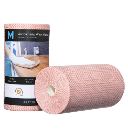ANTIBACTERIAL WAVY WIPES MATTHEWS HEAVY DUTY 80GSM 300X500MM RED ROLL 90 SHEETS