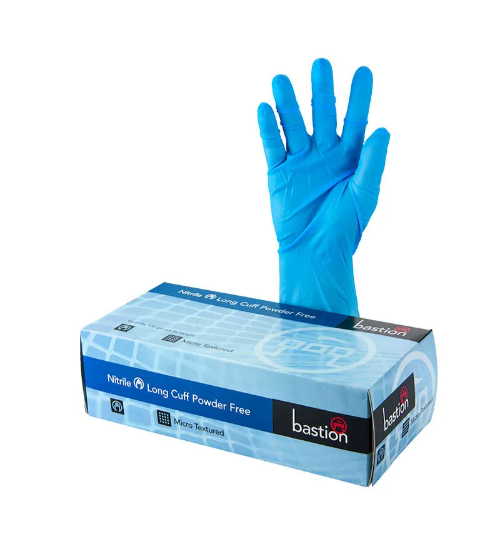 DISPOSABLE GLOVES BASTION NITRILE 300MM LONG CUFF POWDER FREE LARGE 100/BOX