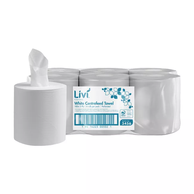 PAPER TOWEL LIVI 3456 ESSENTIALS PREMIUM CENTREFEED 2 PLY 180M ROLL