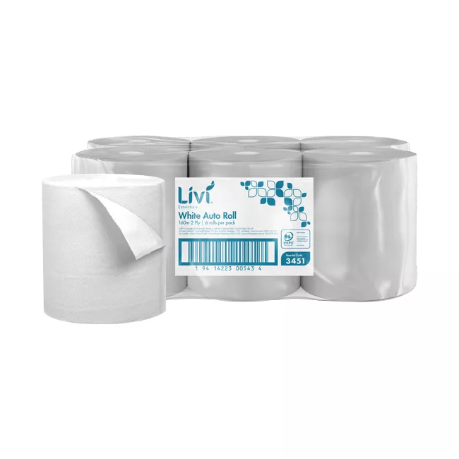 PAPER TOWEL AUTOCUT LIVI 3451 ESSENTIALS PREMIUM EASY ROLL AUTOSENSE WHITE 2 PLY 160M/ROLL