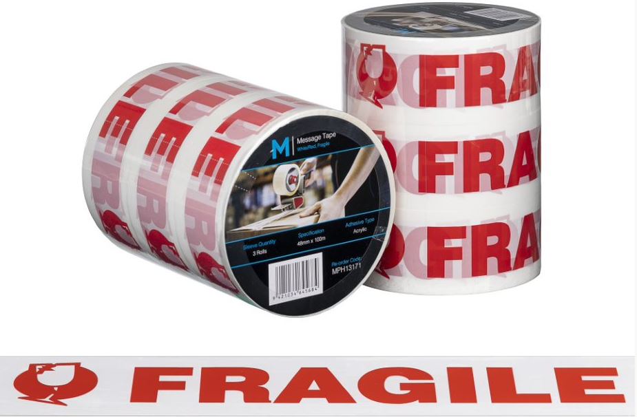 FRAGILE PACKAGING MESSAGE TAPE PP RED ON WHITE 48MM X 100M