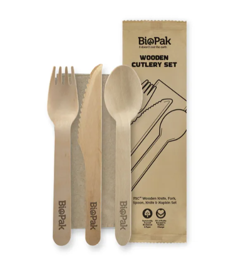 CUTLERY SET BIOPAK KNIFE FORK SPOON & NAPKIN 100/PACK