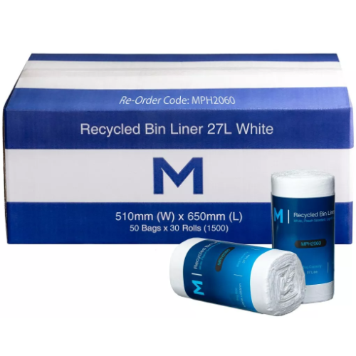 MATTHEWS RECYCLED BIN LINER MPH2060 27L 510 X 650MM 15MU WHITE ROLL 50