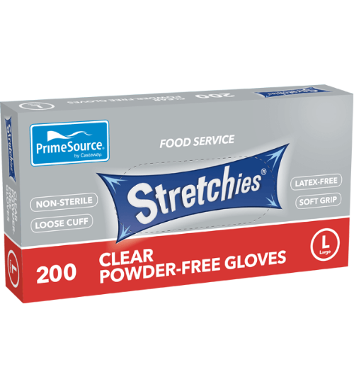 DISPOSABLE GLOVES STRETCHIES POWDER FREE LARGE PLASTIC CLEAR 200/BOX