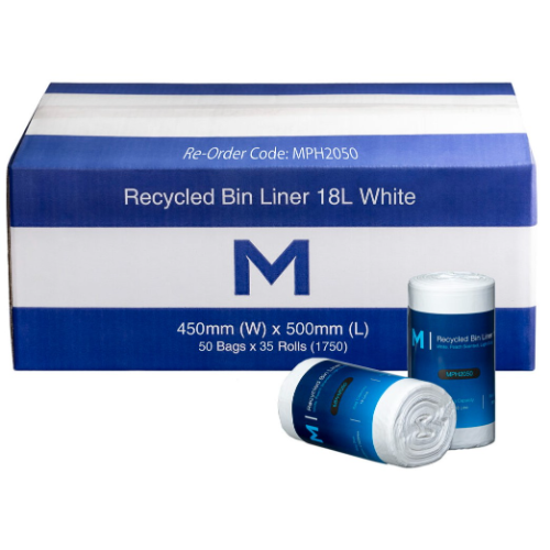 MATTHEWS RECYCLED BIN LINER MPH2050 18L 450 X 500MM 15MU WHITE ROLL 50