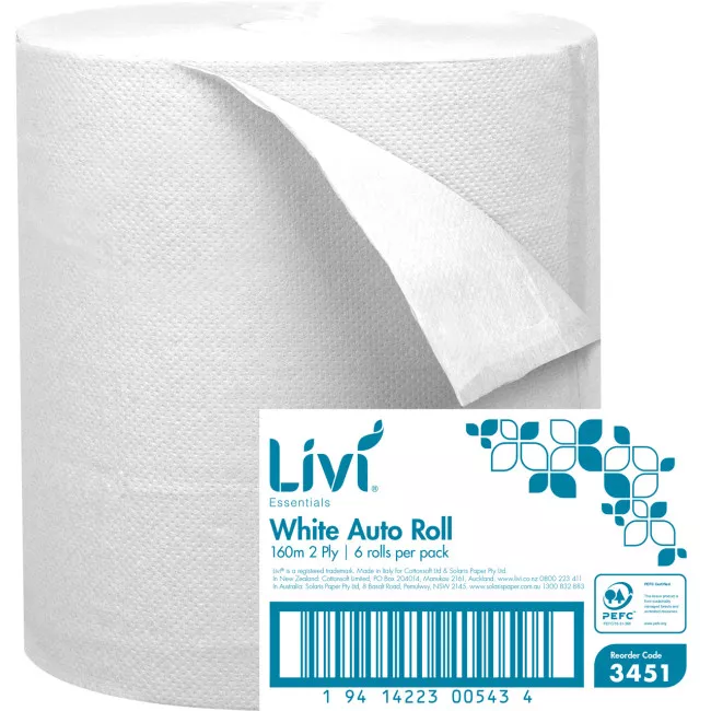 PAPER TOWEL AUTOCUT LIVI 3451 ESSENTIALS PREMIUM EASY ROLL AUTOSENSE WHITE 2 PLY 160M/ROLL
