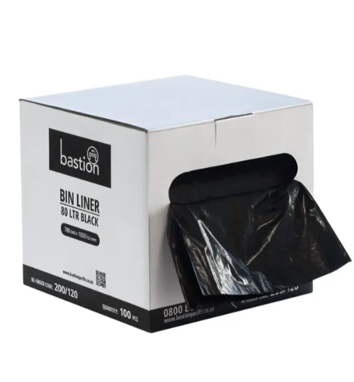 RUBBISH BAG RECYCLED BASTION BLACK LDPE 80L 1020 X 780MM ROLL DISPENSER 100/BOX