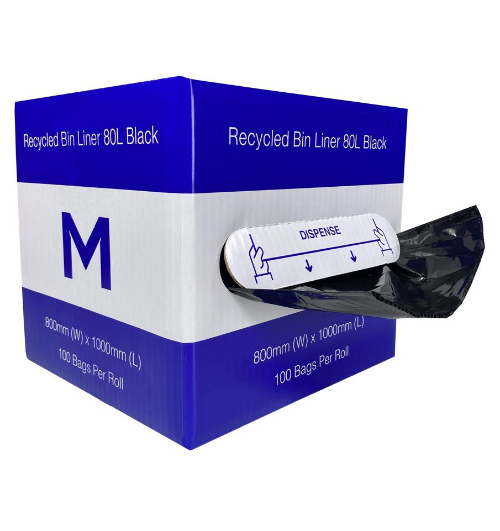 MATTHEWS RUBBISH BAG RECYCLED BLACK 80L 800 X 1000MM 30MU DISPENSER BOX ROLL 100